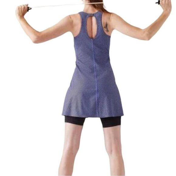 NWOT- Athleta-Ultimate Ease Fit And Flare Blue Purple Printed Dress- Size Small - Picture 2 of 15
